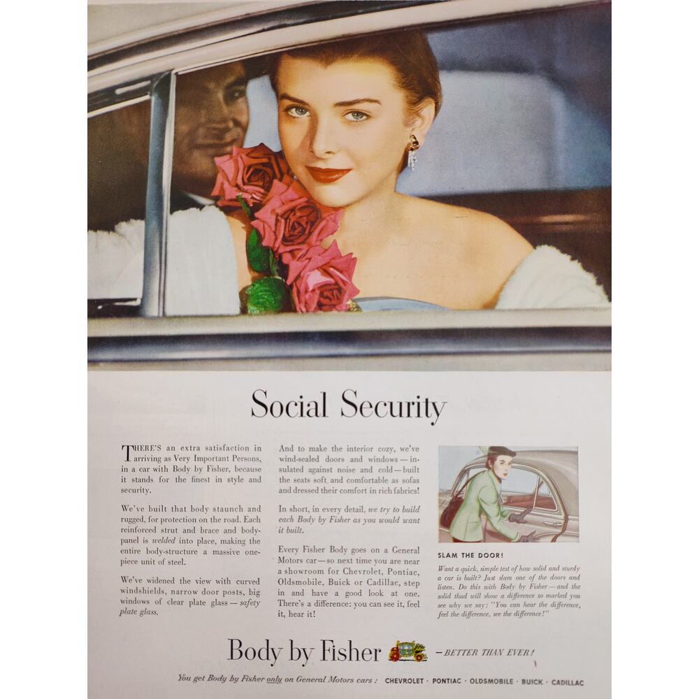 1950 Body by Fisher "Social Security" Pleasant Woman Roses in Sedan Vtg Print Ad